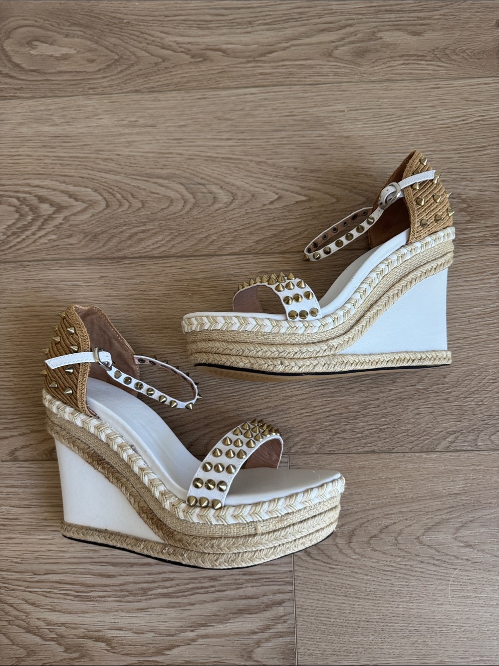 White and Tan Studded Espadrille Wedge Sandals - Picture 3 of 3
